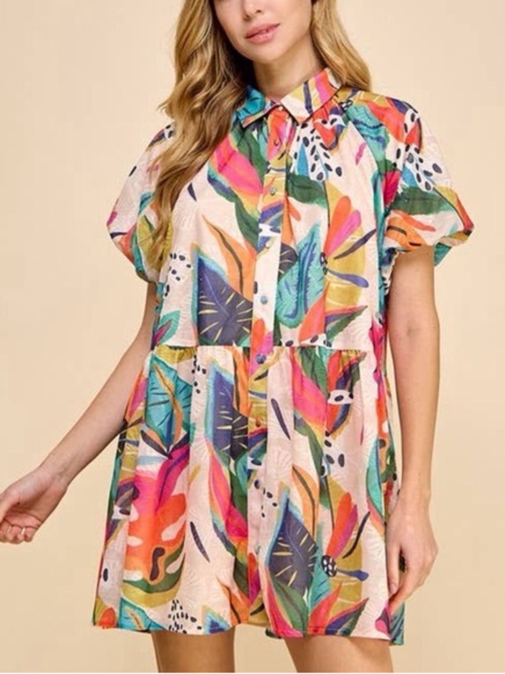 Tropical Print Button-Front Short Dress - Multicolor
